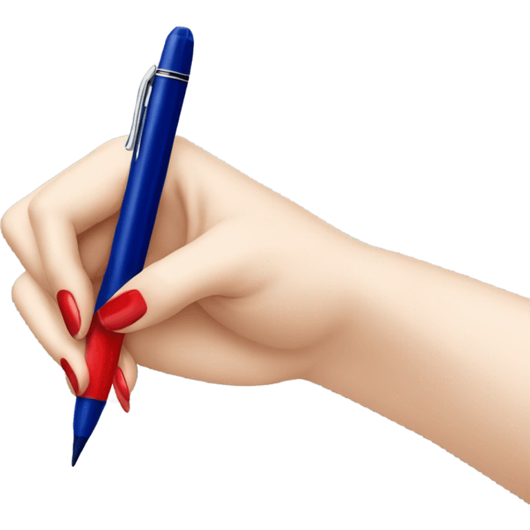 a hand with a red manicure writes with a dark blue pen emoji