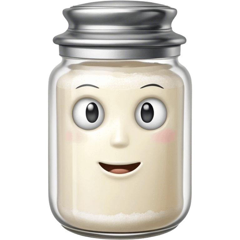 A mischievous anthropomorphic salt jar with transparent glass body and metal lid emoji