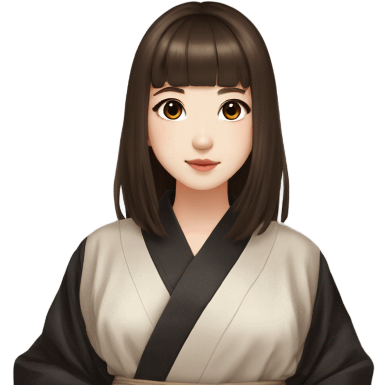 Korean girl, black silk robe, brown hair, deep brown eyes, cute girl, aesthetic, long brown hair, hime cut, bangs emoji