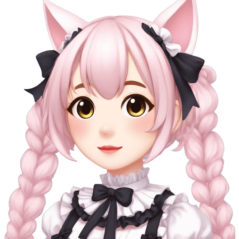 Gorgeous anime style catgirl with blushing face with maid outfit laces gothic Lolita idol model kawaiicore pastelcore cottagecore pearly petite simplistic aesthetic trending style emoji