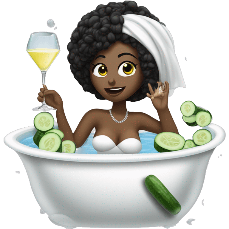 Girl with white towel wrapped around hair and cucumbers on eyes with manicure  holding a martini glass and bottle in black high heels kicking feet out in bubble bathtub  emoji