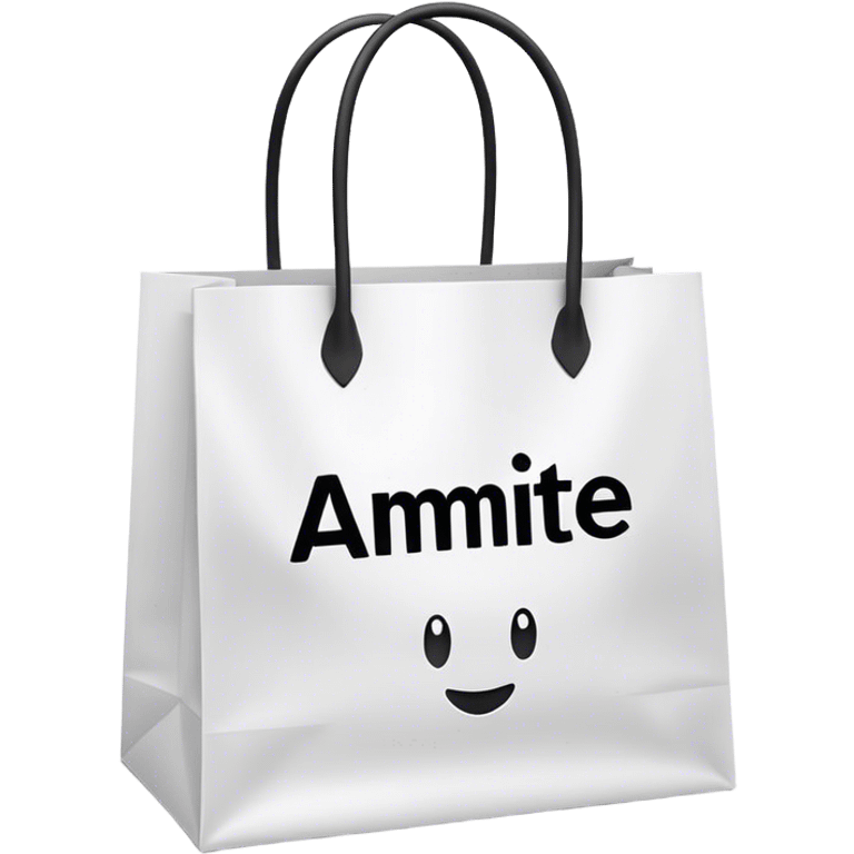 white shopping bag with black text in the middle that says amite emoji