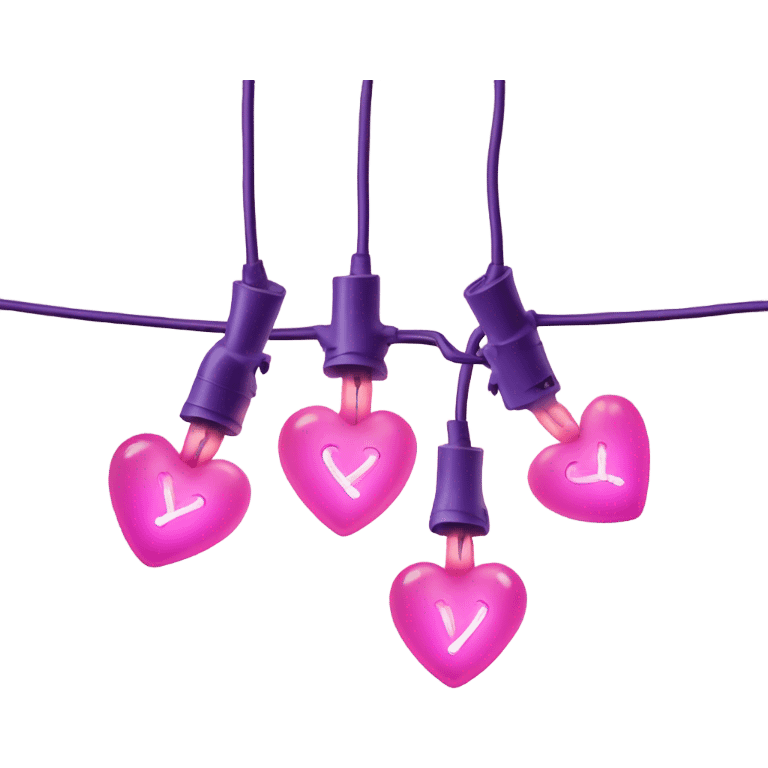 Realistic string lights with pink and purple bulbs in the shape of a heart and a power plug in on the end of the lights. emoji