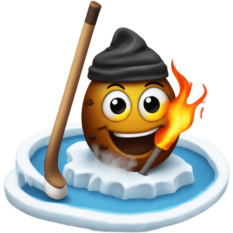 Flaming poop holding a hockey stick while on ice emoji