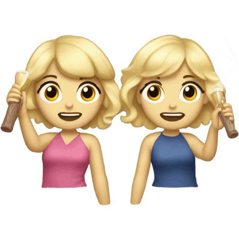 blonde girl with bangs getting whacked by a blonde girl with curly hair with a flute emoji