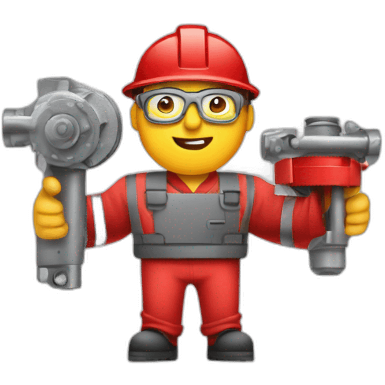 Industrial professional senior mechanical assembler working on the assembly of heavy machinery with a red outfit emoji