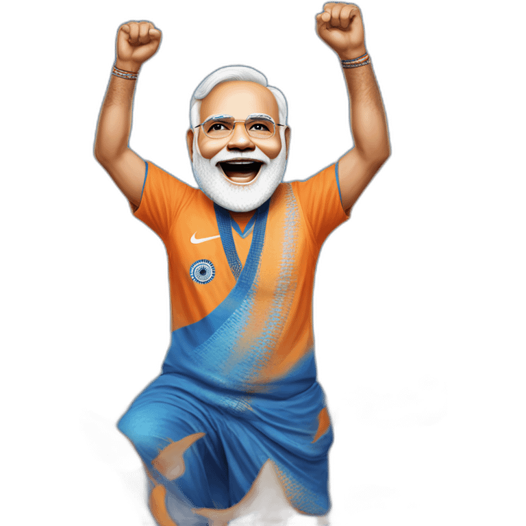 hyper realistic narendra modi celebrating in blue indian cricket team jersey emoji