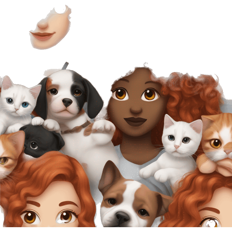 Long Red haired woman with septum piercing holding black and white English Staffordshire puppy and tabby kitten emoji