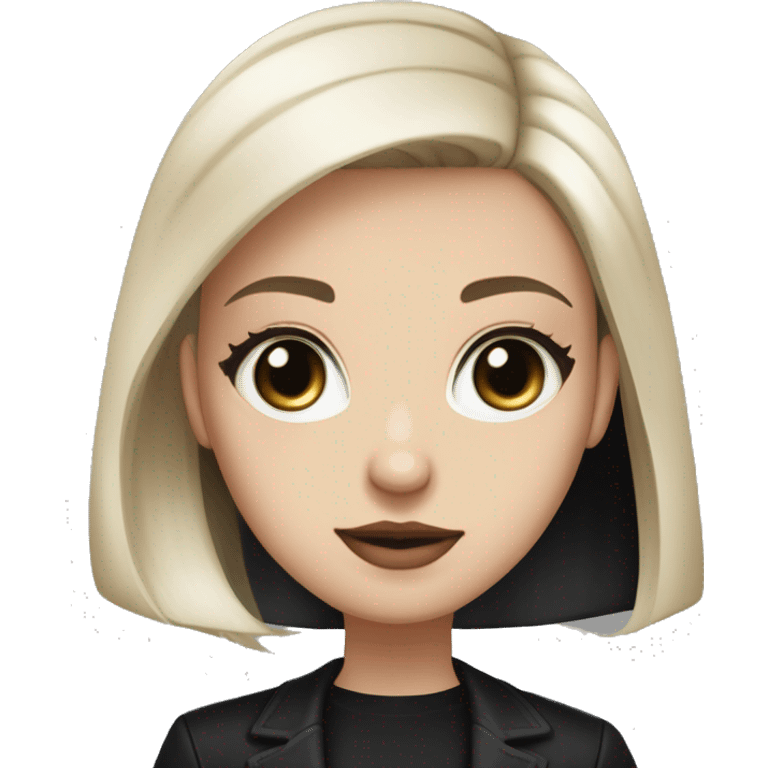 waist-length portrait, looking up, Slavic adult woman, goth eyes makeup, blue eyes, medium bob black-to-blonde ombre straight hair, white T-shirt and black office jacket. emoji