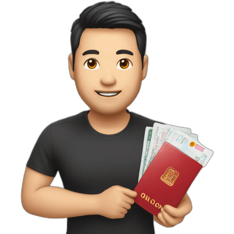 Tech CEO holding red Singaporean passport wearing tshirt saying onloop emoji