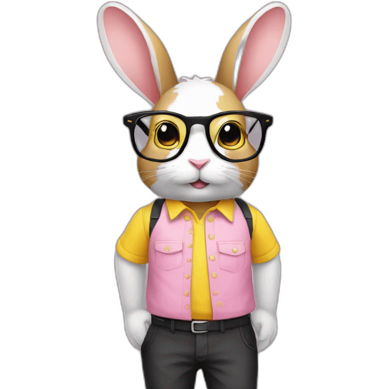 Specialist rabbit pink, glasses black, wears shirt yellow emoji