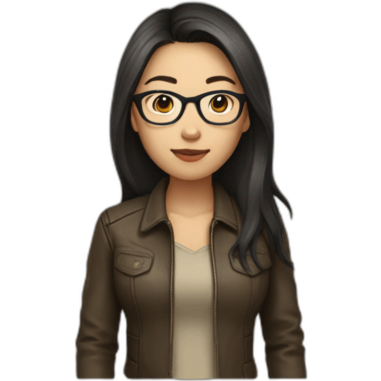 asian girl with glasses and a leather jacket with a  khaki shirt and long dark hair emoji