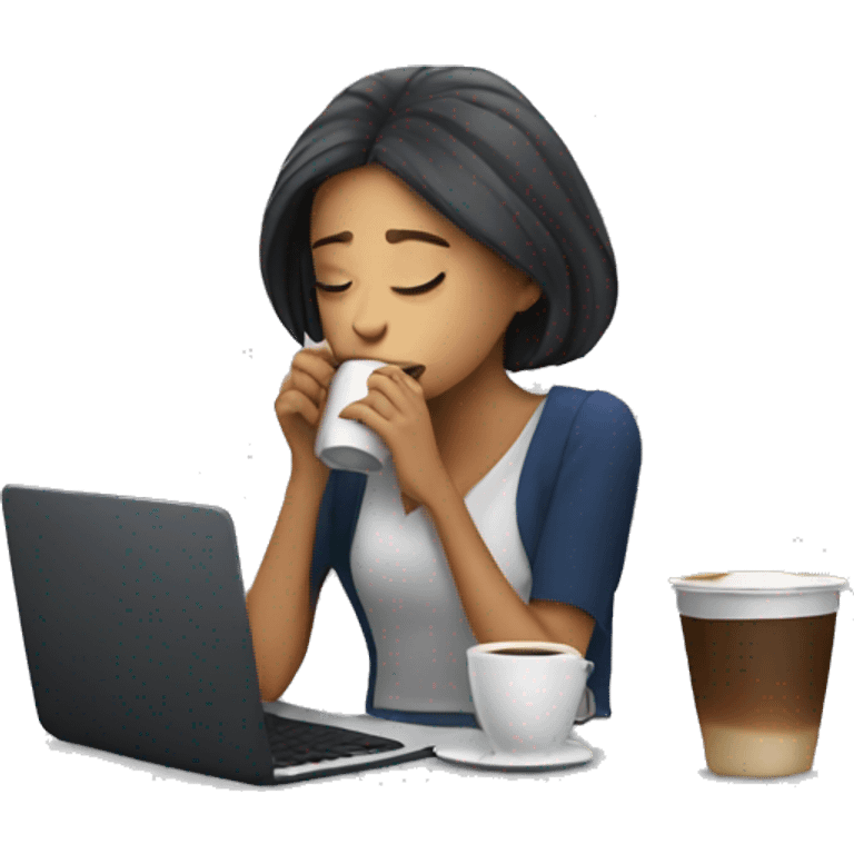 tired french girl with laptop drinking a lot of coffee emoji