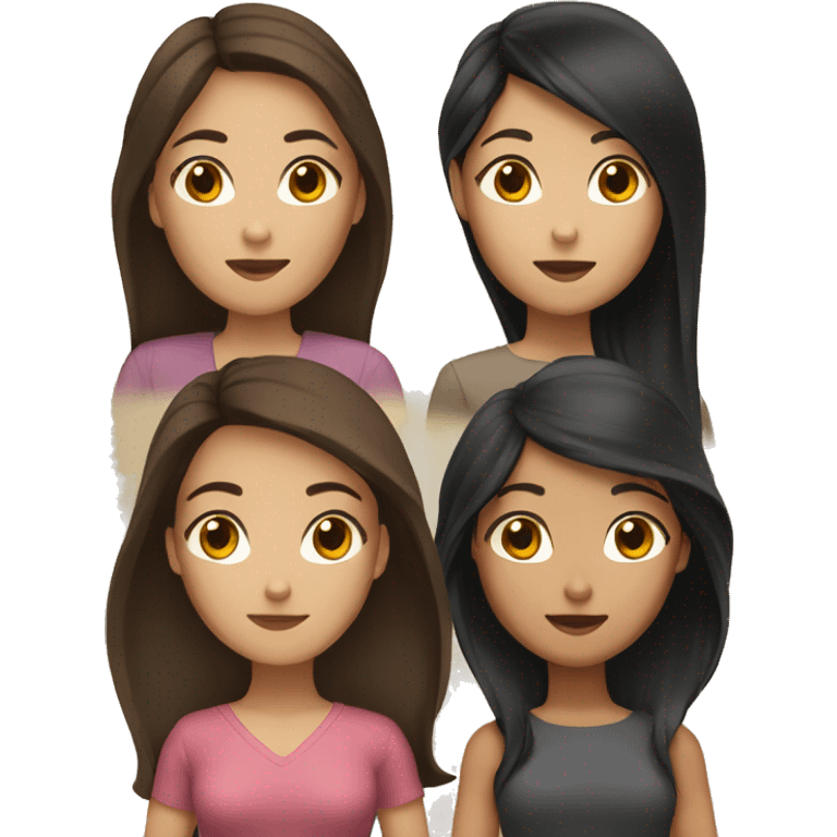 3 women, 2 black with dark hair, brown eyes, 1 asian woman, long brown hair, brown eyes emoji