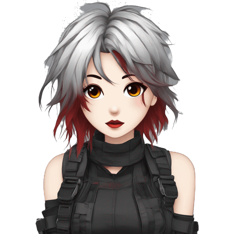 Gorgeous techwear anime style lady with blushing face aesthetic and pretty edgy black red white punk messy hair with collar and harness trending style emoji