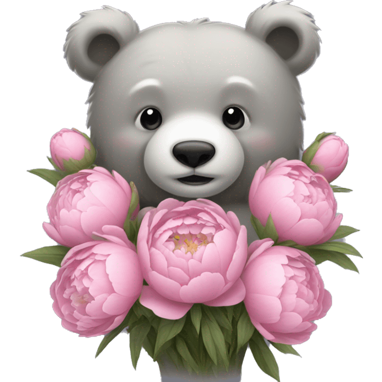 realistic-grey-bear-hugging-Bouquet-of-peonies emoji