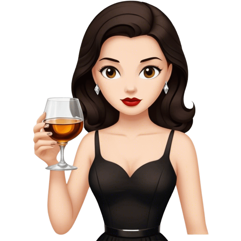 Beautiful woman in 1950’s woman fashion look, black dress, long dark brown hair, whisky with ice emoji