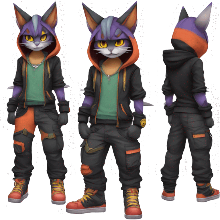 Cool Anthro Noivern-Litten-BatCat-Pokémon with edgy stripes hoodie spiked collar punk techwear Cargo Pants Full Body emoji