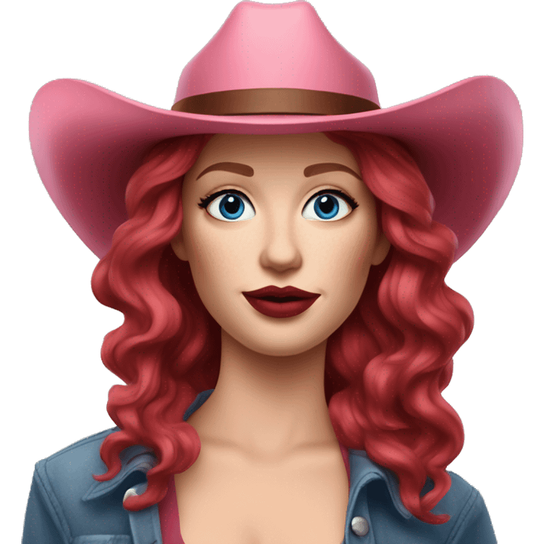 White Woman with wavy wine red hair and pale face makeup on, red lips, blue eyeshadow, and a pink cowboy hat on emoji