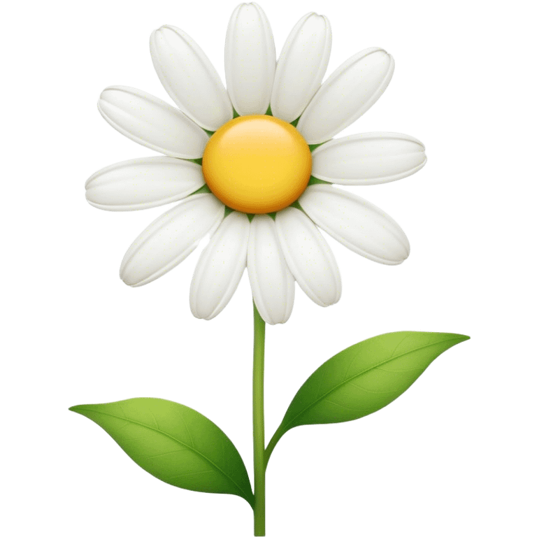 Cinematic Realistic Daisy Emoji, Cheerful and pure, with bright white petals surrounding a sunny yellow center, standing proudly atop a slender green stem. The soft, vibrant petals seem to radiate positivity, while a few green leaves frame the delicate flower. Soft glowing outline, capturing the essence of simplicity, innocence, and happiness in a single daisy. emoji