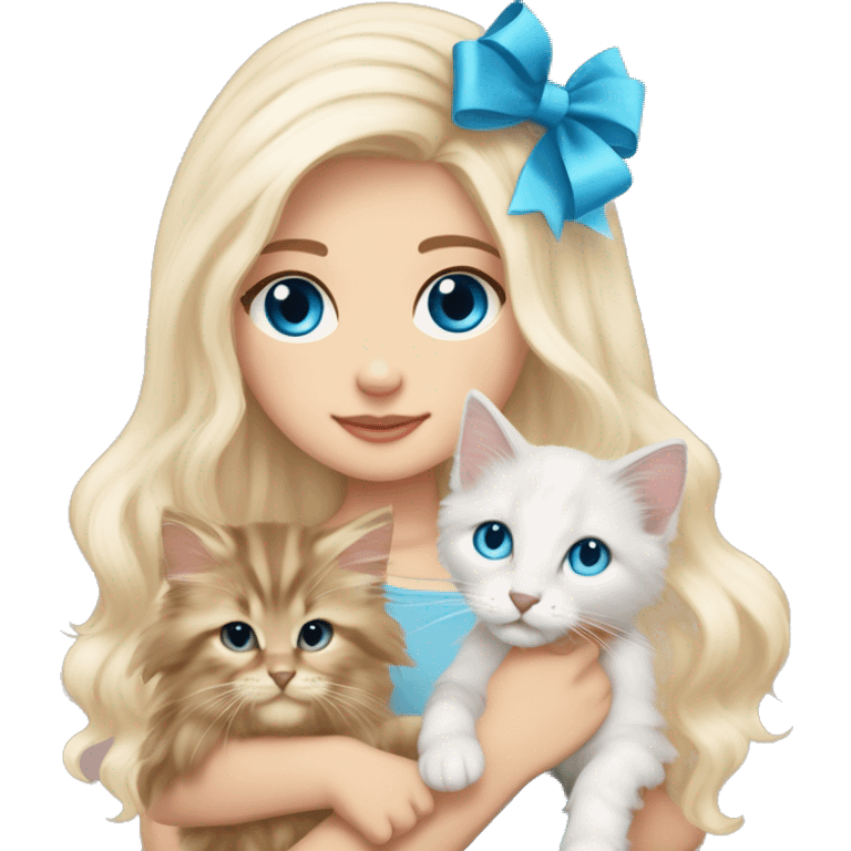 pale blonde girl with long platinum white wavy hair with bright blue eyes and wearing a light pink hair bow holding a beige long haired main coon kitten also wearing a hair bow emoji