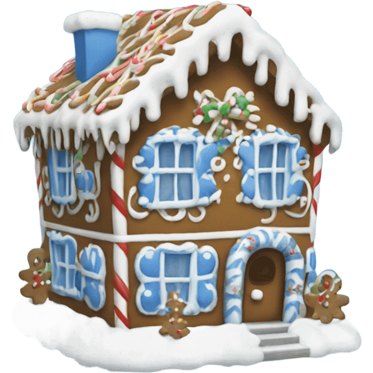 A blue and white gingerbread house emoji