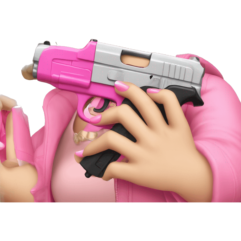 White Girl brunette hand pink nails holding pink gun emoji