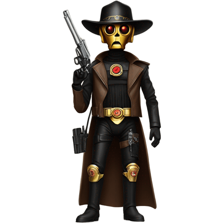 battle rough and tough bounty hunter c3Po wearing Satan’s leather biker outfit with guns and wide-brim hat on head. walking emoji