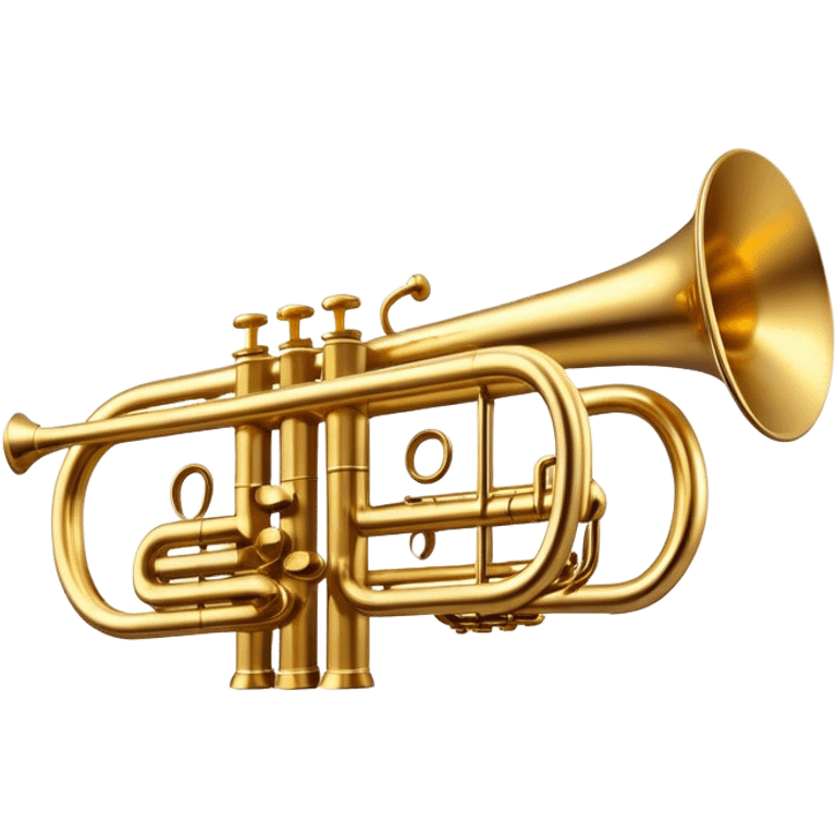 Cinematic Realistic Trumpet, rich golden brass with subtle tarnish marks, soft highlights emphasizing the intricate details, warm reflections of stage lighting bouncing off the metal, glowing with bold and triumphant energy. emoji