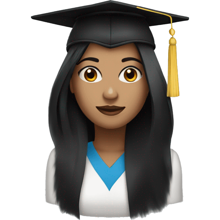 Woman with black hair and blue eyes and a graduates hat emoji