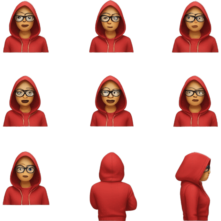 woman in a red hooded sweatshirt, pulling the hood over his head, showing only the glasses emoji