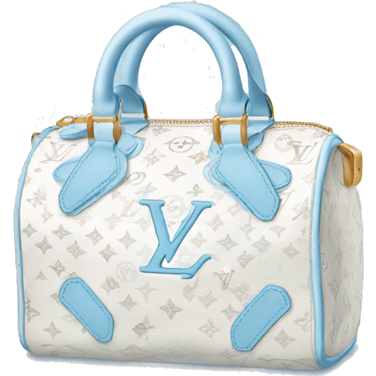 White Designer Louis Vuitton bag with baby blue monogram and baby blue trim emoji