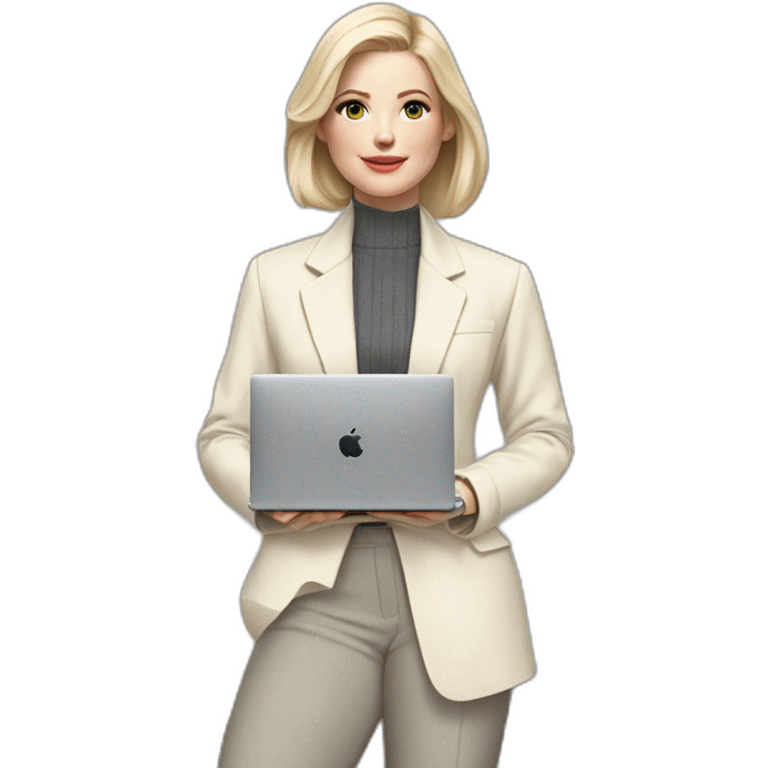 pale skin woman with ash blonde Straightened bob Hair, White Spacious classical jacket, beige palazzo Arrow pants and gray blouse holding a MacBook in the hands emoji