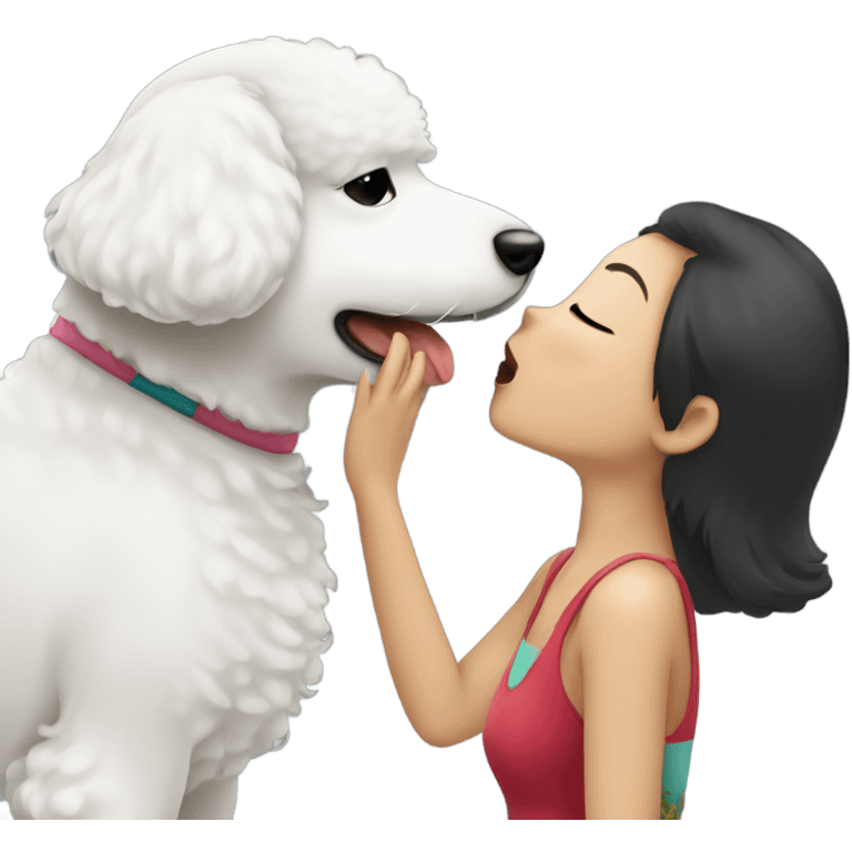 A white bichon giving kisses to an Asian woman  emoji