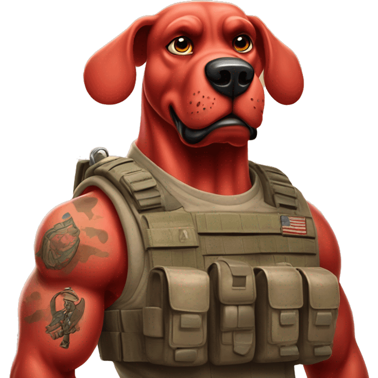 Desert storm Clifford the big red dog muscular with tattoos on arms book illustration humanoid as a military call of duty character standing alone emoji