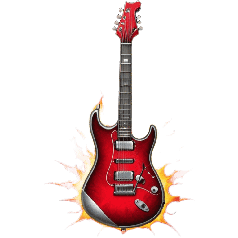 Create a fierce and edgy emoji representing hardcore rock vocal performance in a humanless collage. The design should feature a vintage microphone at the center, Add crossed drumsticks behind the microphone to symbolize the rhythm and power of the drums. surrounded by a menacing, distorted electric guitar with sharp, aggressive angles. Include subtle elements like lightning bolts, flames, or jagged sound waves to evoke the raw energy and intensity of hardcore rock. Use dark, intense colors like black, red, and silver, with a metallic, gritty finish to convey the rebellious, aggressive spirit of the genre. The background should be transparent. emoji