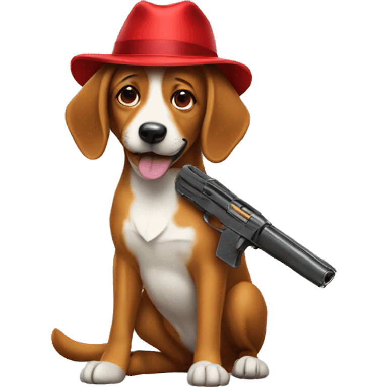 Dog with a gun wearing a red hat emoji