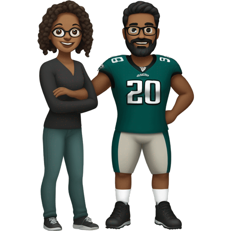  Brown guy with beard and mustache holding hands with a brown girl with her hair in a bun and she’s wearing glasses in Philadelphia eagles clothing  emoji