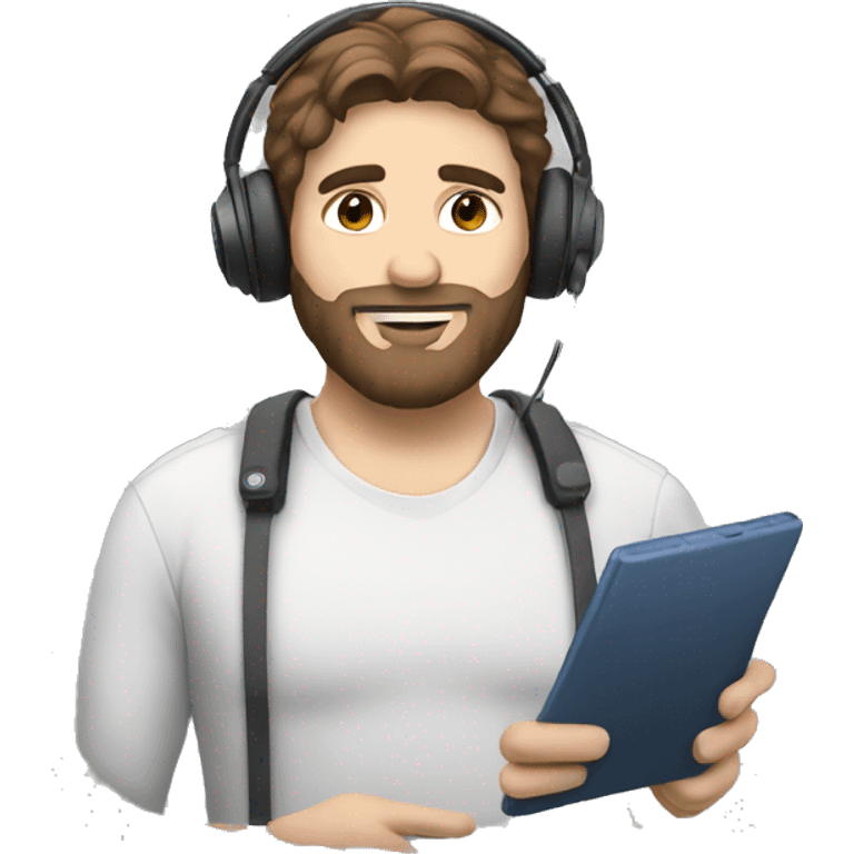 A man with brown hair and beard using a headset emoji