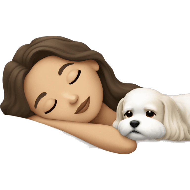 brunette woman with light skin sleeping with white maltese emoji