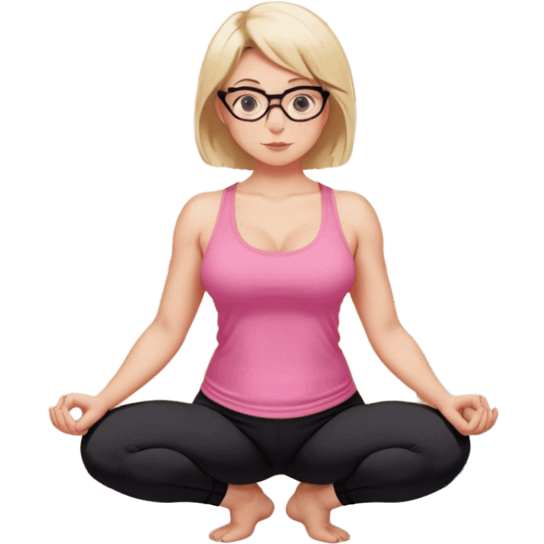 view from quarter angle, fair skinned woman, thick milf, short blond hair, small reading glasses, squatting down in kitchen, pink loose tank top, showing natural B cup breast shape SFW, black yoga pants, large curvy booty emoji