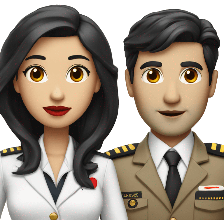 Flight attendant with long black hair, red lips and white skin with a pilot man with beige skin and black hair emoji