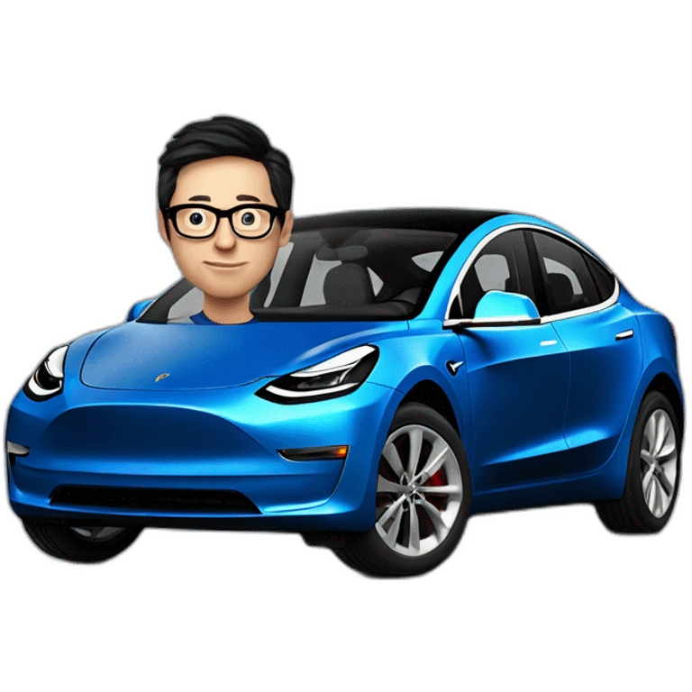 Middle age lean white man with black hair & glasses wearing a blue Tesla T-shirt riding a Black Tesla Model 3 emoji