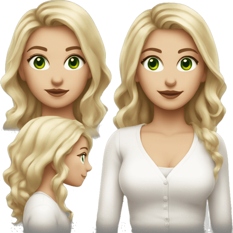 blonde balayage hair woman, green eyes, white cardigan white shirt  emoji