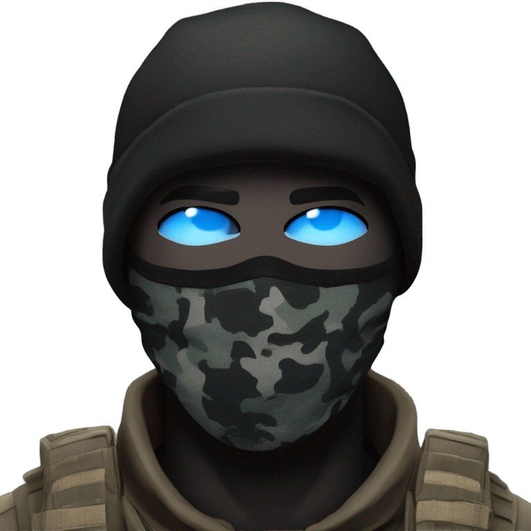 male, pale skin, call of duty black face mask, camo tactical gear, combat boots, black beanie, blue eyes emoji