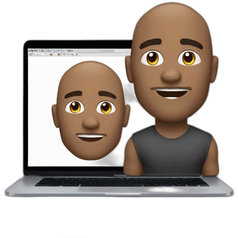 video editor in front of a macbook looking like Dwayne Douglas Johnson emoji