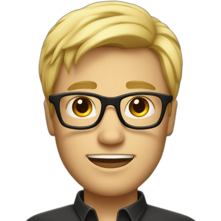 a man with blond hair with black glasses with very small smile emoji