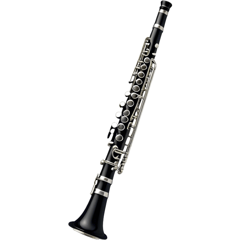 Create an emoji, representing a black standard clarinet. The design should feature a smooth, glossy black body of the clarinet with shiny, silver keys clearly visible. Highlight the intricate details of the mouthpiece and reed at the top, while the body of the instrument should remain simple and elegant. Add subtle musical notes or soundwaves floating around the instrument to symbolize its clear, melodic sound. Use black for the body, silver for the keys, and soft lighting effects to give the instrument a polished, sophisticated look. The background should be transparent. emoji