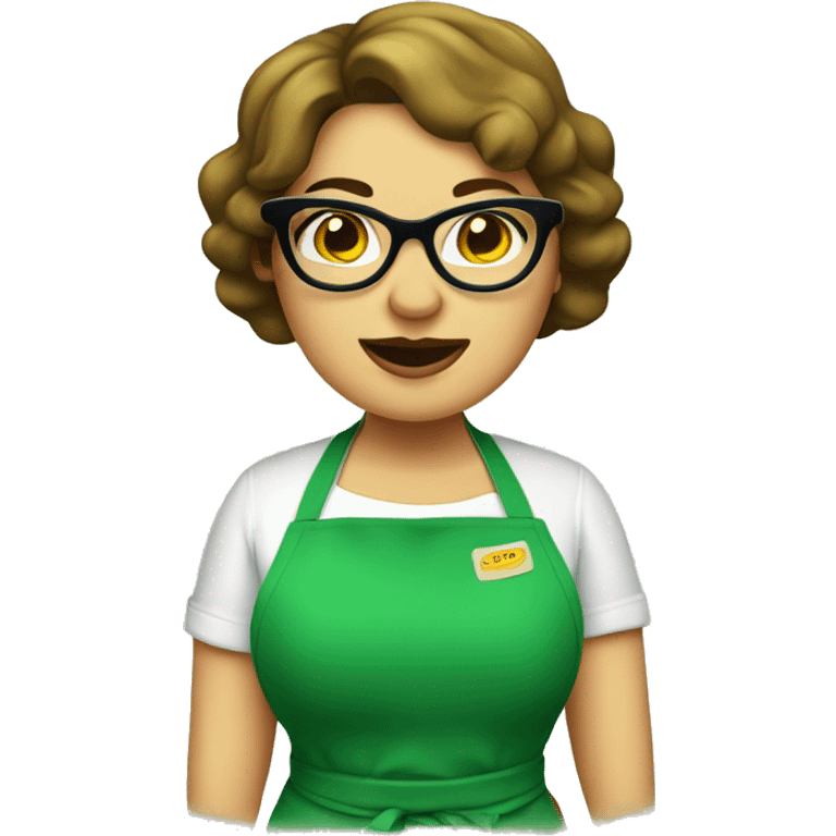 chubby lady green apron  with glasses cooking tacos emoji