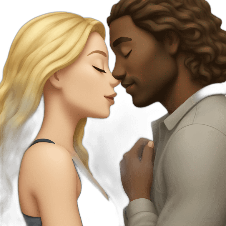 A black man kissing a white woman with long brown hair emoji